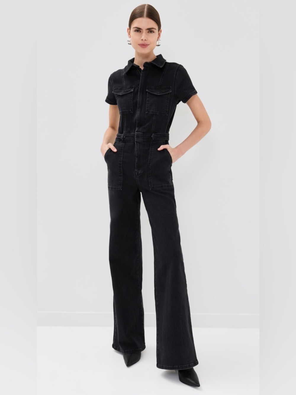 Good American Fit For Success Black Denim Utility Jumpsuit with Zip Front Sz 2